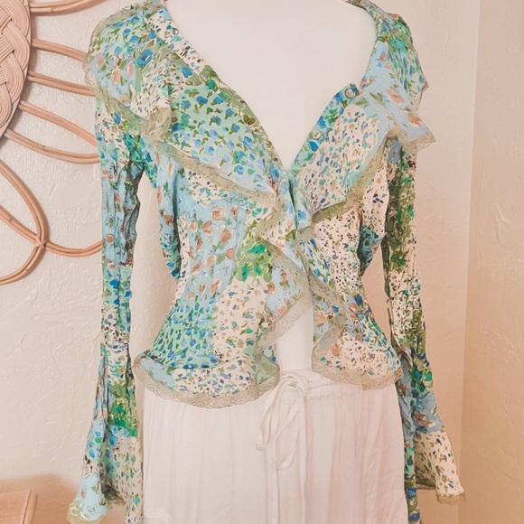 Vintage Tops - Vintage Y2K Patchwork Ruffle Bell Sleeve Whimsy Whimsigoth Cottage Core Top
